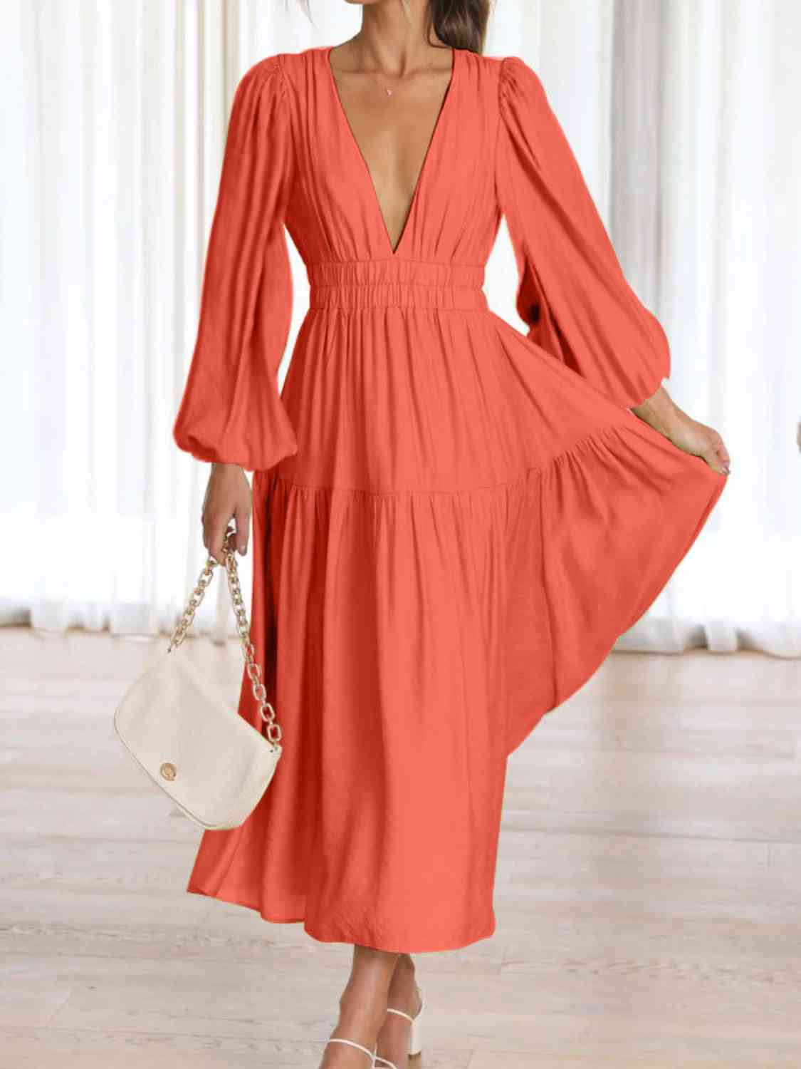 Deep V-Neck Balloon Sleeve Plain Maxi Dress - Body By J'ne