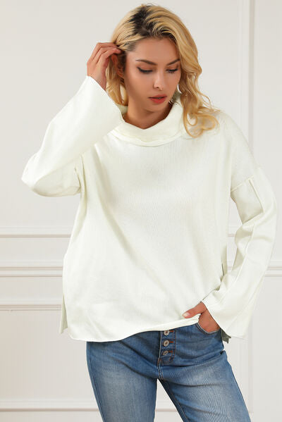 Slit Mock Neck Dropped Shoulder Sweater - Body By J'ne