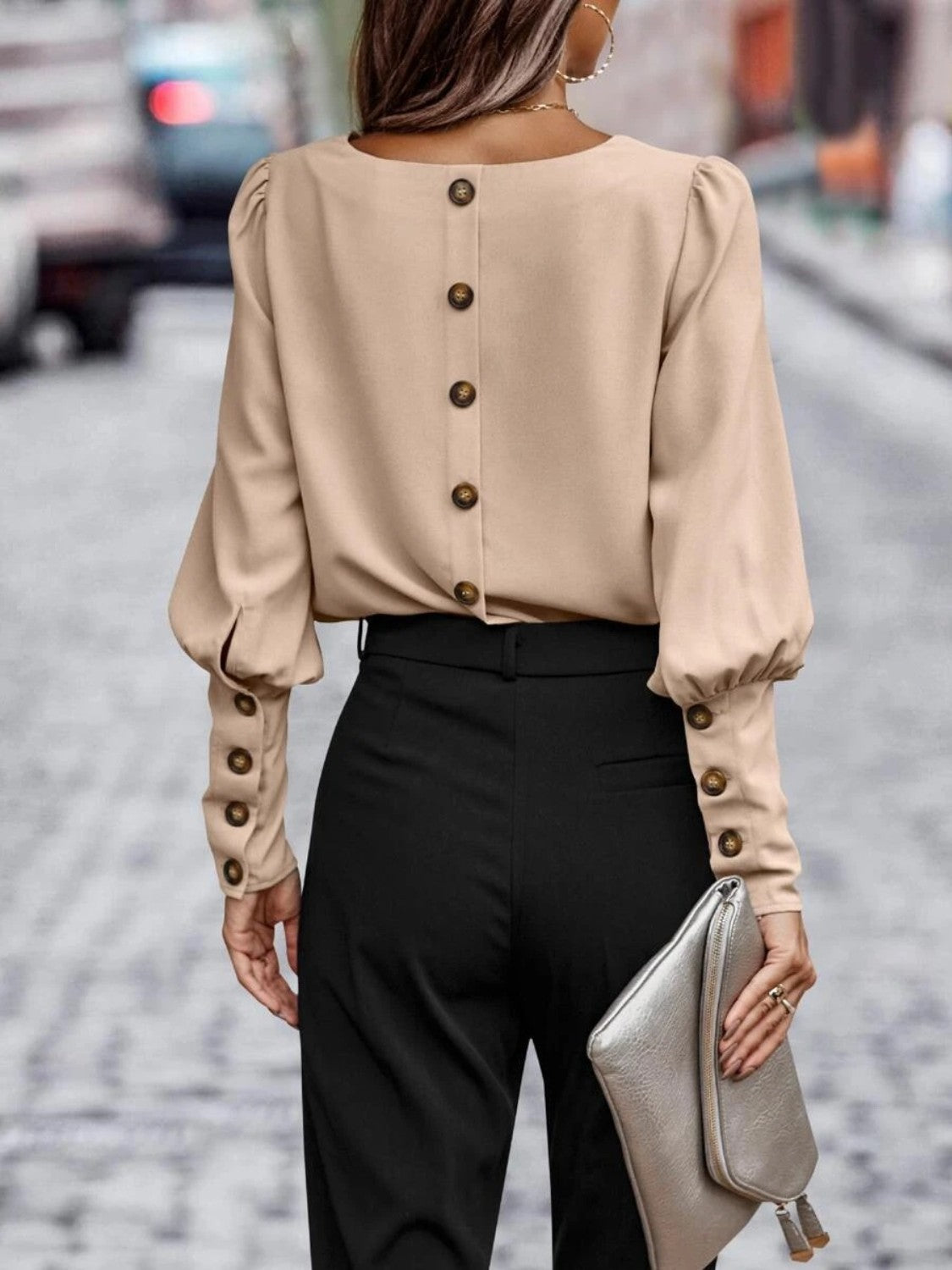 Round Neck Lantern Sleeve Blouse - Body By J'ne