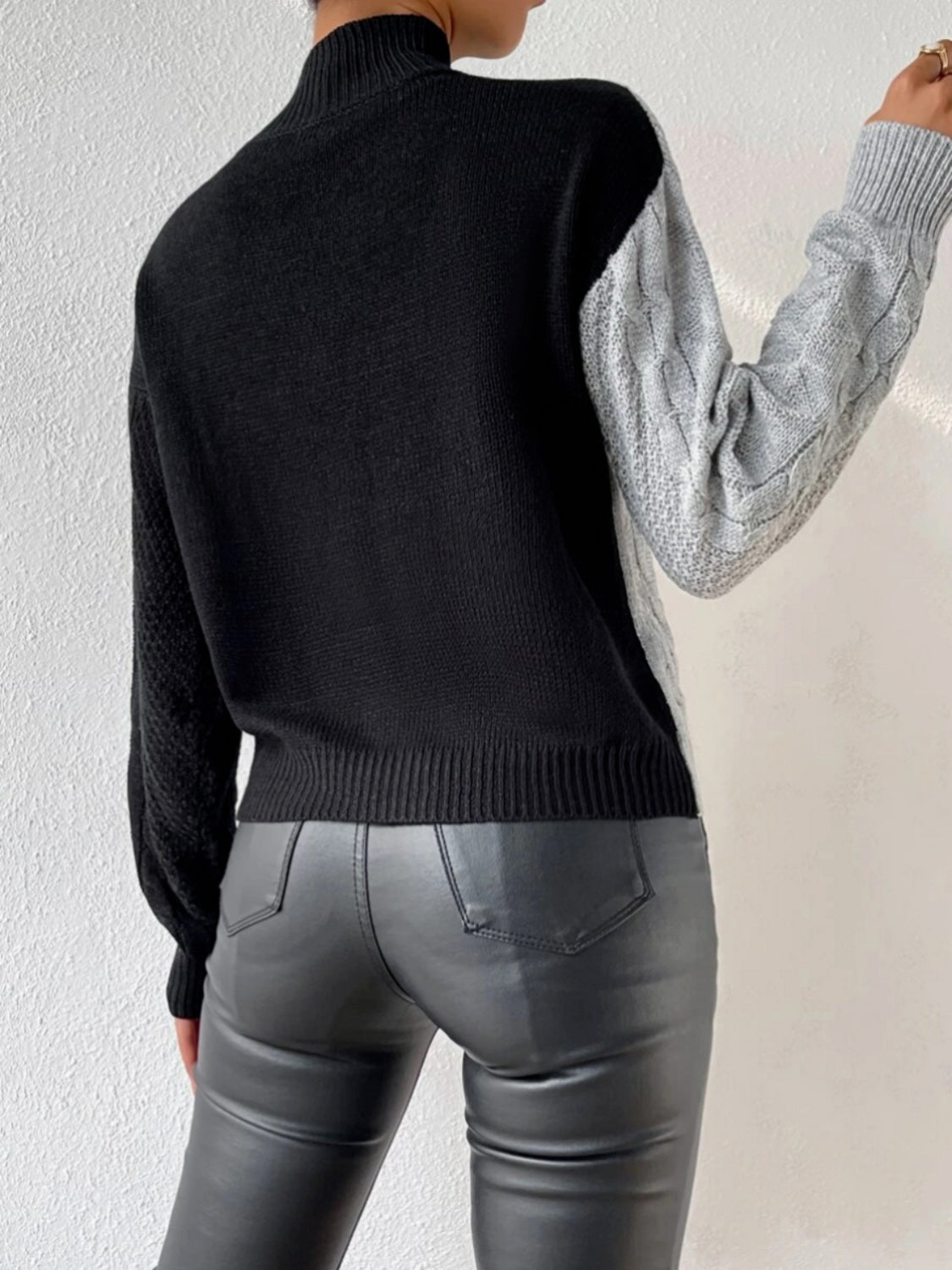 Contrast Mock Neck Cable-Knit Sweater - Body By J'ne