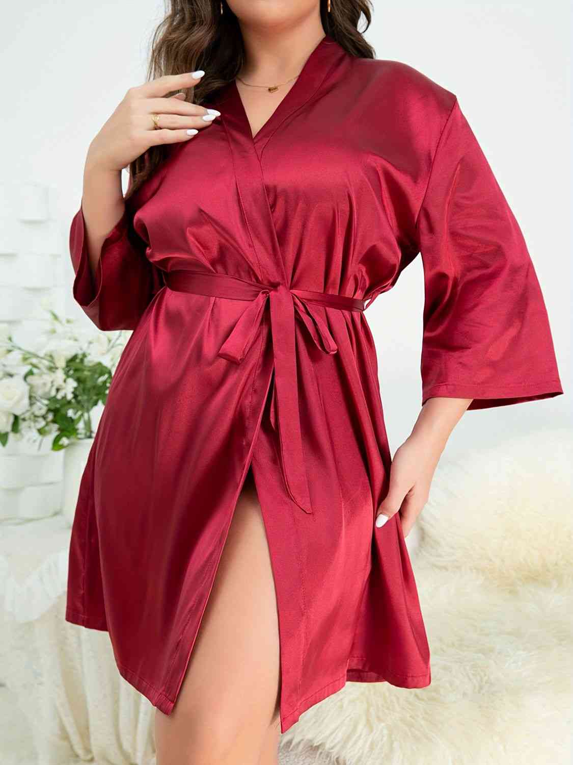 Plus Size Surplice Neck Tie Waist Robe - Body By J'ne
