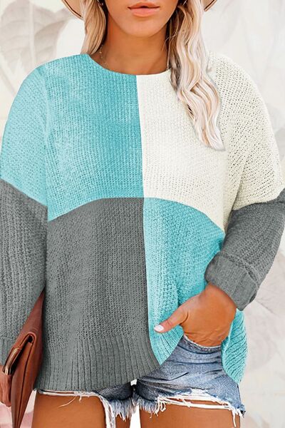 Plus Size Color Block Round Neck Sweater - Body By J'ne