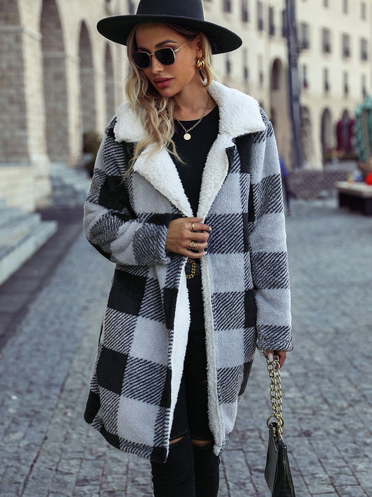 Plaid Open Front Coat with Pockets - Body By J'ne