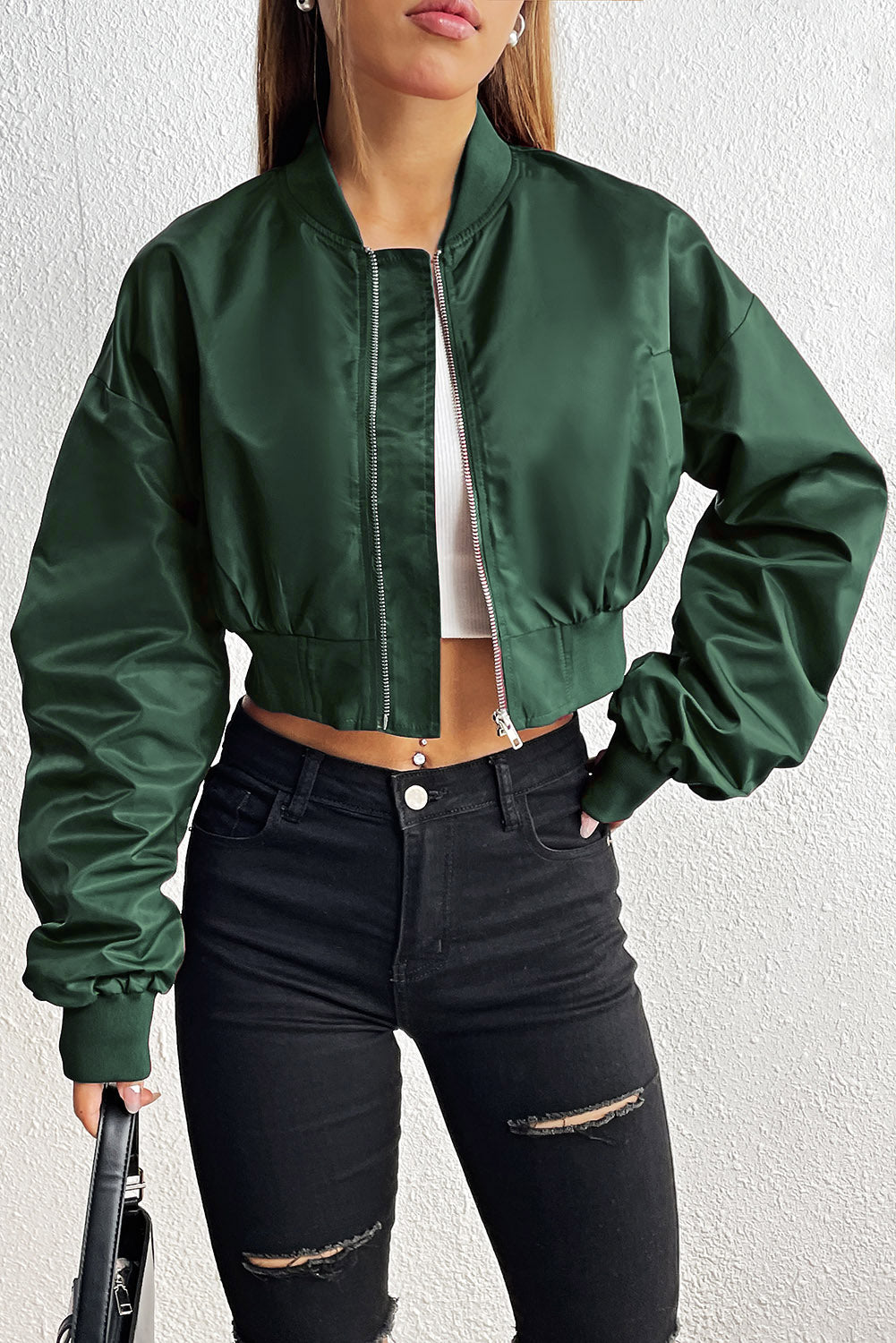 Zip-Up Ruched Cropped Jacket - Body By J'ne