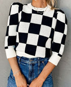 Plaid Round Neck Three-Quarter Sleeve Sweater - Body By J'ne