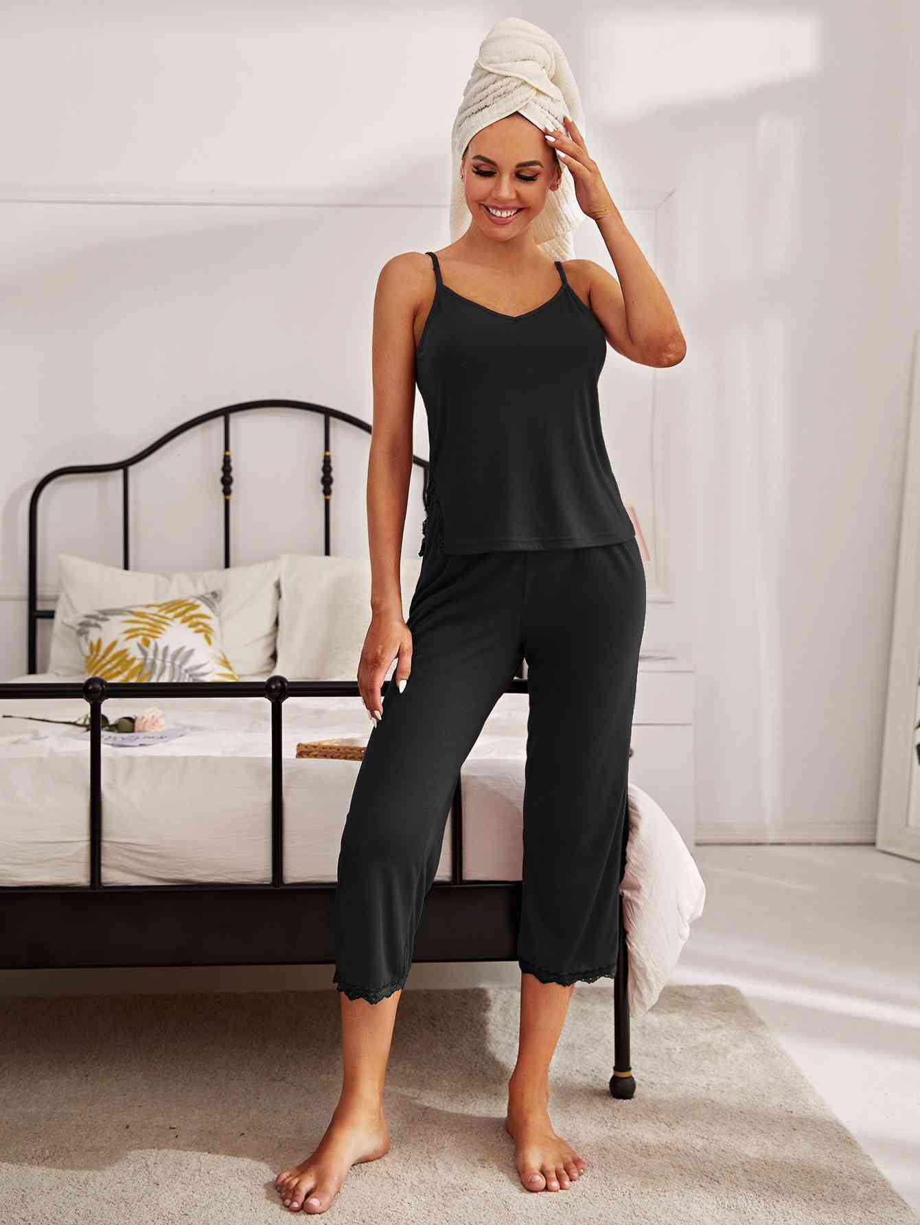 V-Neck Lace Trim Slit Cami and Pants Pajama Set - Body By J'ne