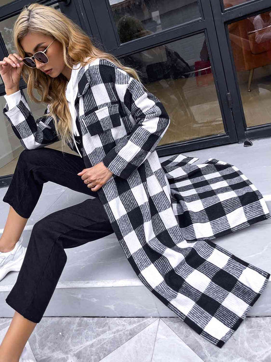 Plaid Collared Neck Slit Longline Coat - Body By J'ne