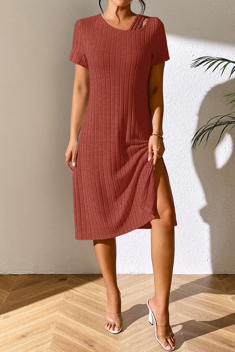 Ribbed Asymmetrical Neck Short Sleeve Dress - Body By J'ne