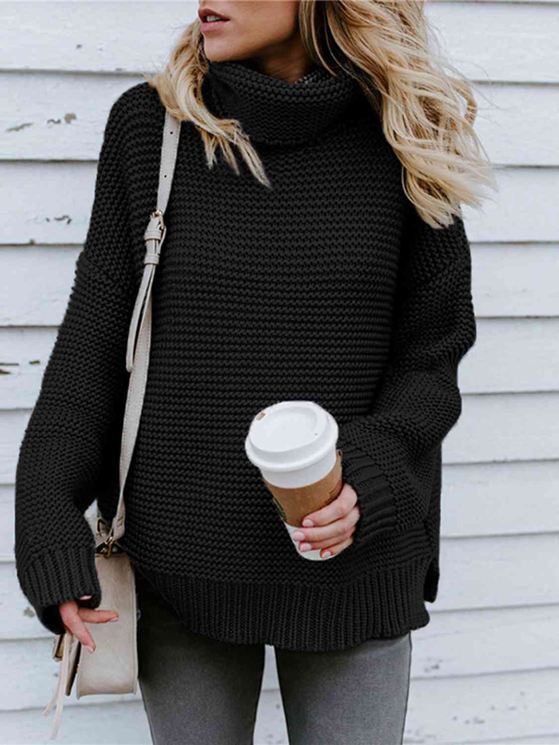 Turtleneck Dropped Shoulder Slit Sweater - Body By J'ne