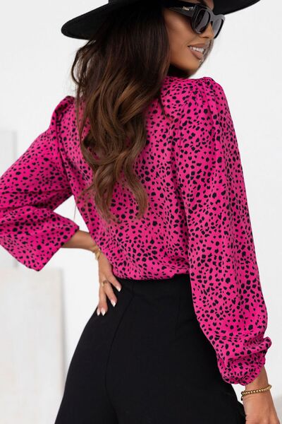 Leopard Round Neck Balloon Sleeve Blouse - Body By J'ne