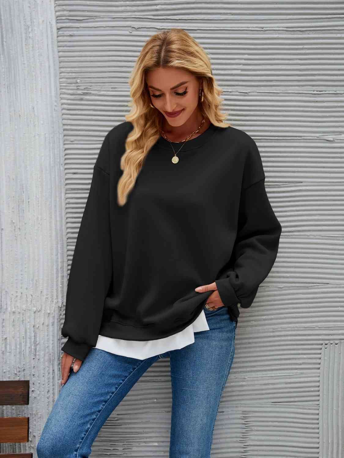 Round Neck Drop Shoulder Sweatshirt - Body By J'ne