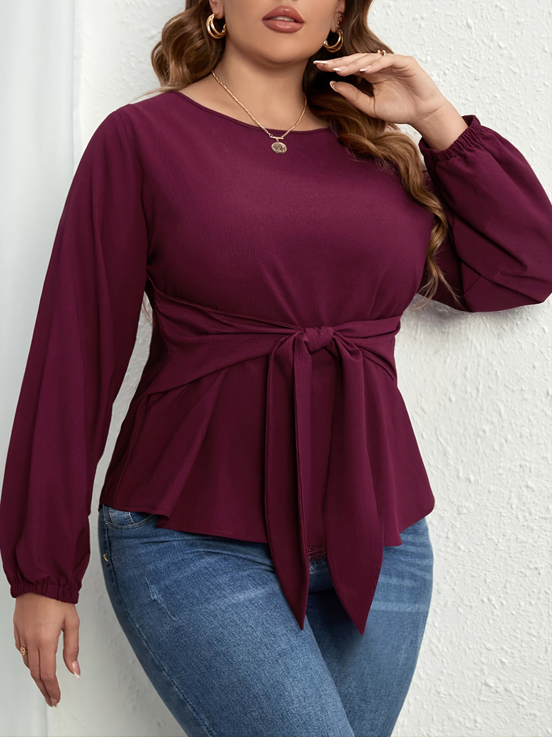 Plus Size Tie Front Long Sleeve Blouse - Body By J'ne