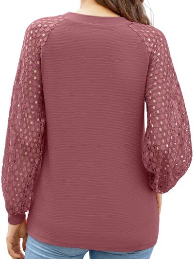 Full Size Eyelet Round Neck Long Sleeve T-Shirt - Body By J'ne