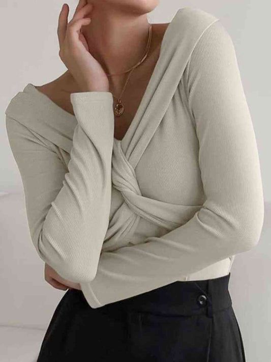 In Charge V-Neck Twisted Long Sleeve Knit Top - Body By J'ne