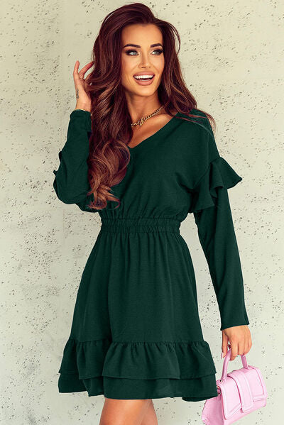 Ruffled V-Neck Dropped Shoulder Mini Dress - Body By J'ne