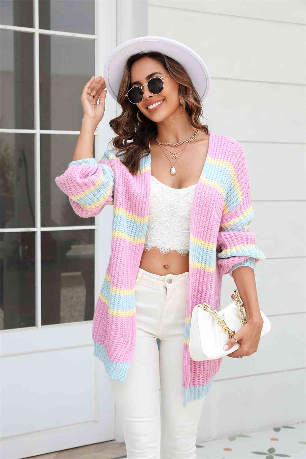 Color Block Ribbed Dropped Shoulder Open Front Cardigan - Body By J'ne