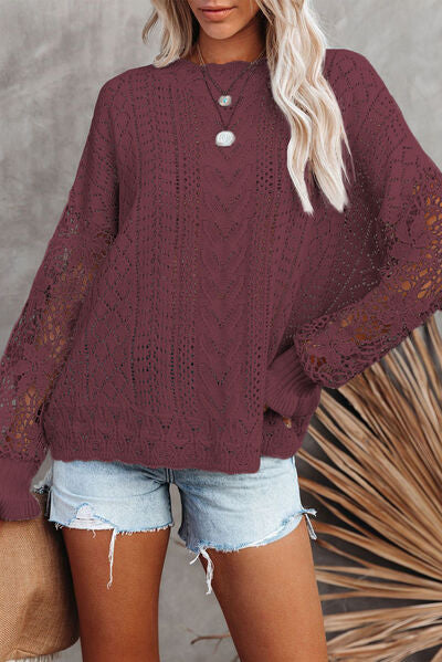 Openwork Lantern Sleeve Dropped Shoulder Sweater - Body By J'ne