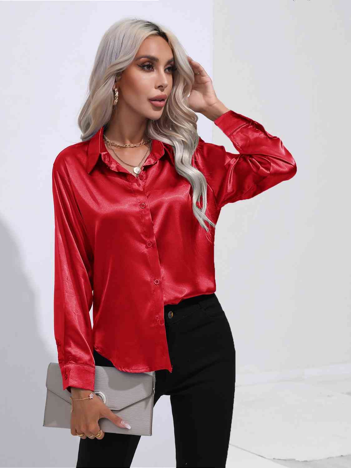 Collared Neck Buttoned Long Sleeve Shirt - Body By J'ne