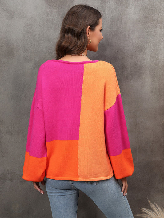 Color Block Round Neck Dropped Shoulder Sweater - Body By J'ne