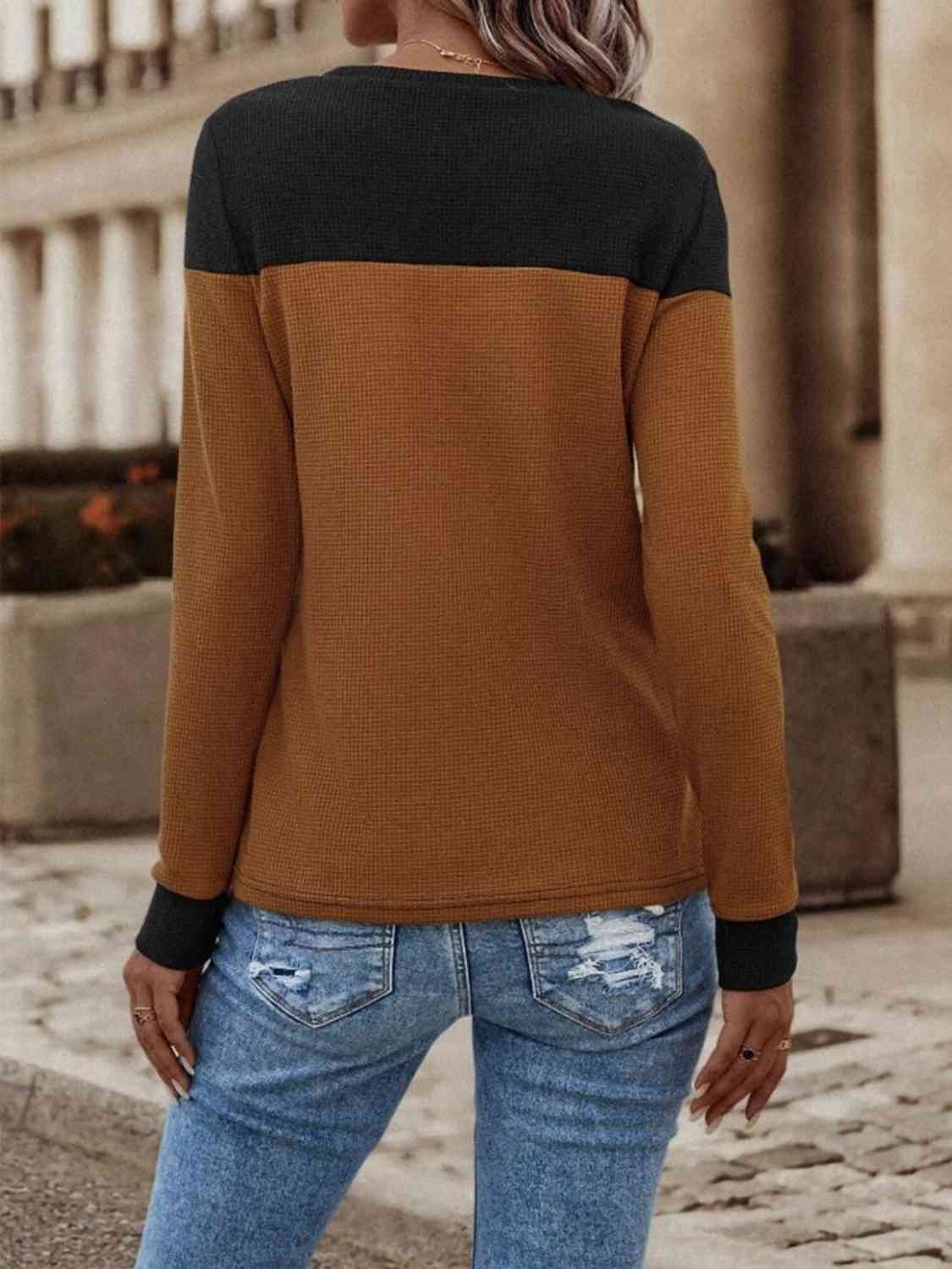 Contrast Buttoned Round Neck Long Sleeve T-Shirt - Body By J'ne