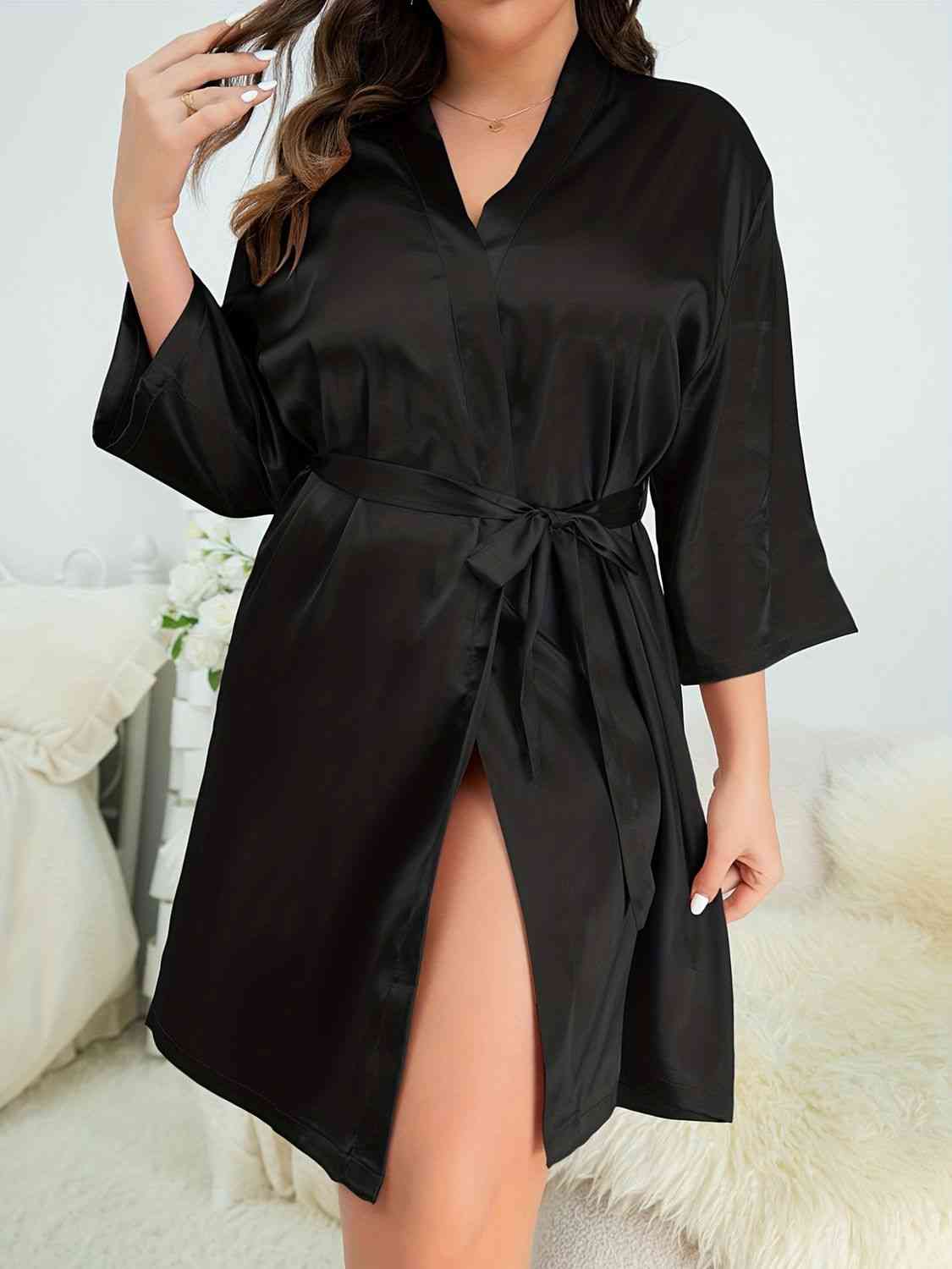 Plus Size Surplice Neck Tie Waist Robe - Body By J'ne
