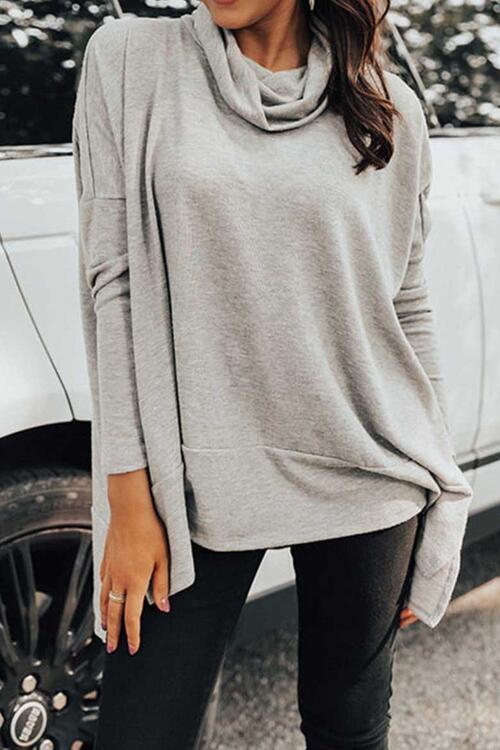 Cowl Neck Long Sleeve Slit Blouse - Body By J'ne