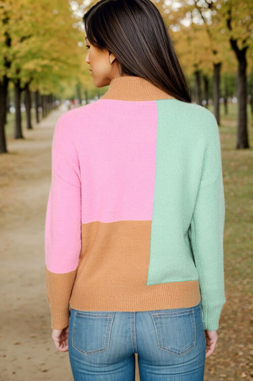 Color Block Mock Neck Dropped Shoulder Sweater - Body By J'ne