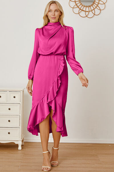 Mock Neck Ruffled Asymmetrical Dress - Body By J'ne