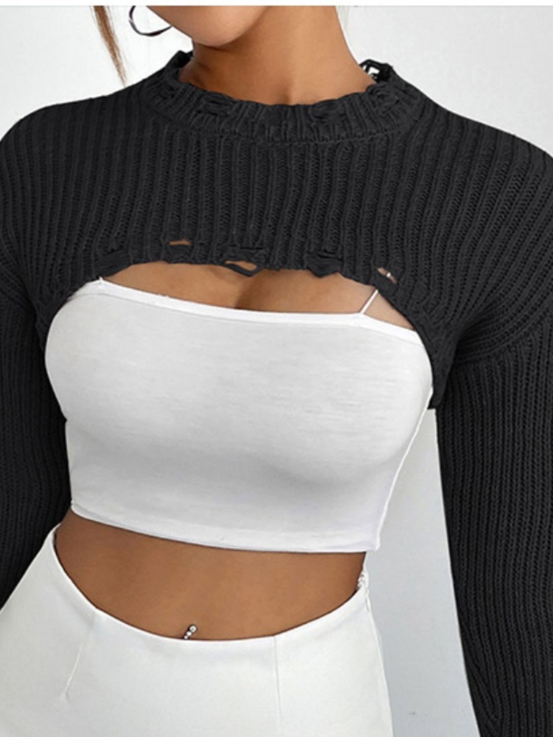 Distressed Long Sleeve Cropped Sweater - Body By J'ne
