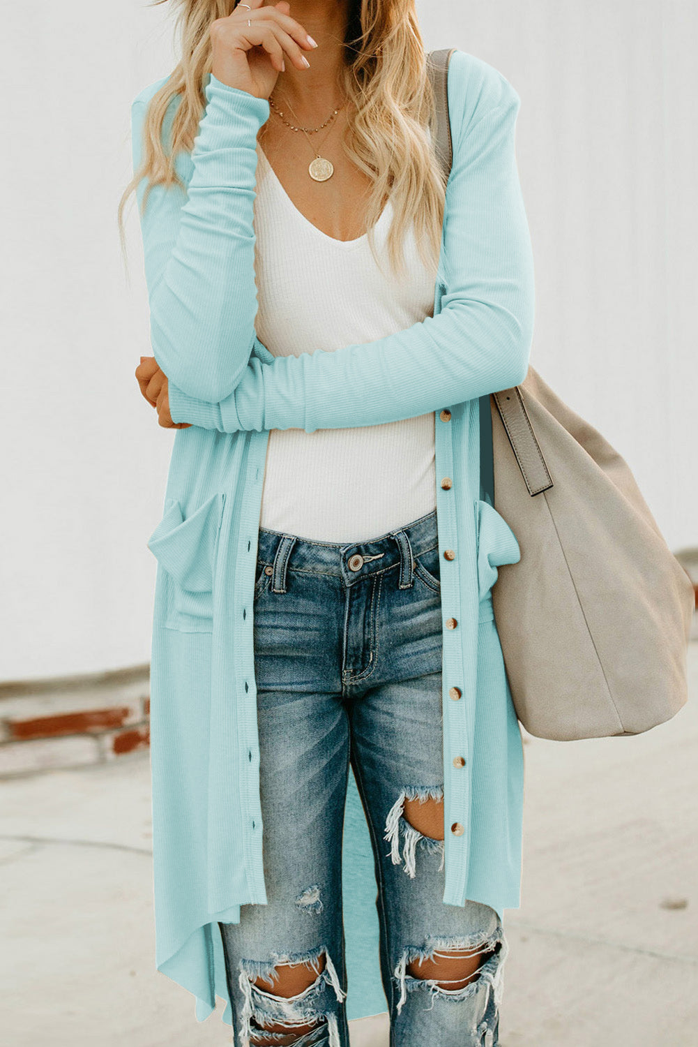 V-Neck Long Sleeve Cardigan with Pocket - Body By J'ne