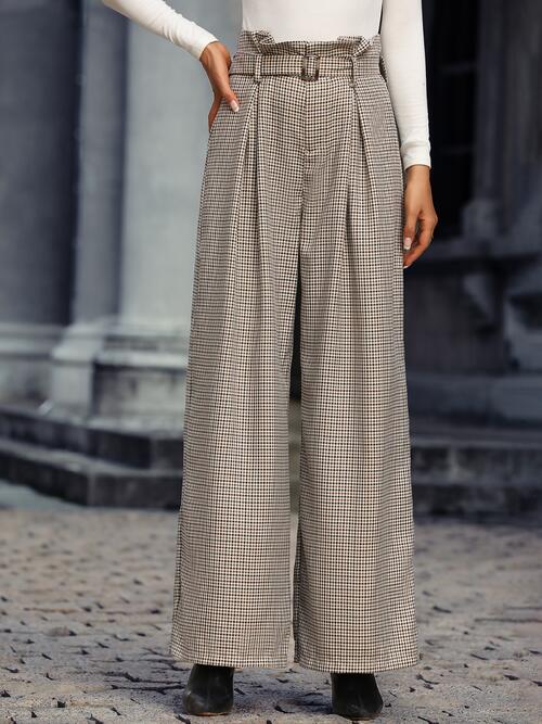 Plaid Wide Leg Pants With Belt - Body By J'ne