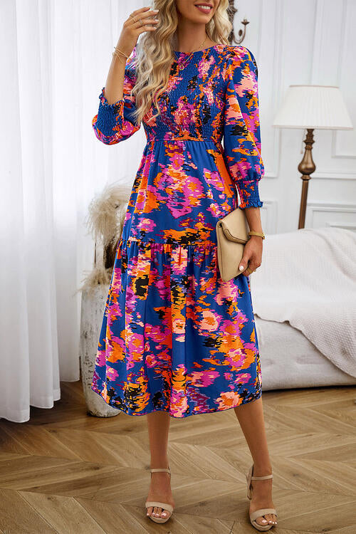 Printed Smocked Lantern Sleeve Ruffled Dress - Body By J'ne