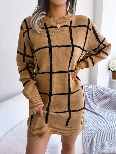 Plaid Round Neck Dropped Shoulder Sweater Dress - Body By J'ne