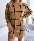 Plaid Round Neck Dropped Shoulder Sweater Dress - Body By J'ne