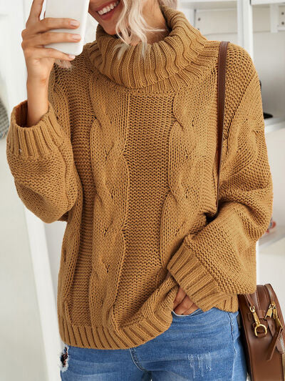 Cable-Knit Turtleneck Dropped Shoulder Sweater - Body By J'ne