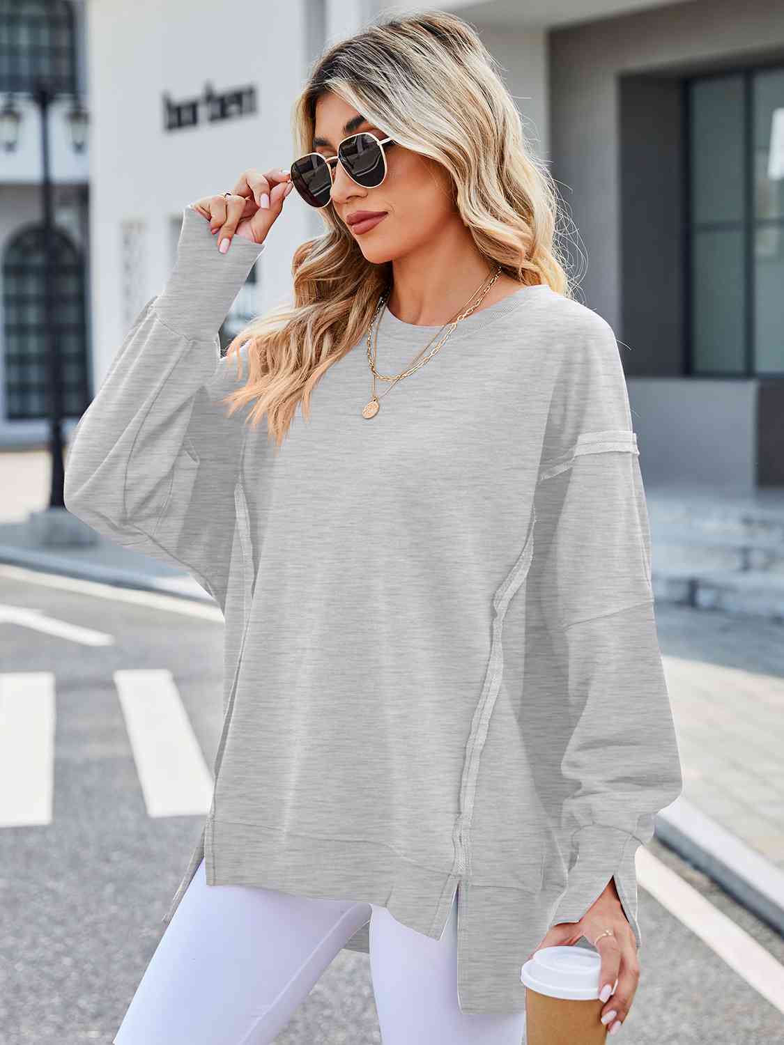 Exposed Seam High-Low Round Neck Sweatshirt - Body By J'ne