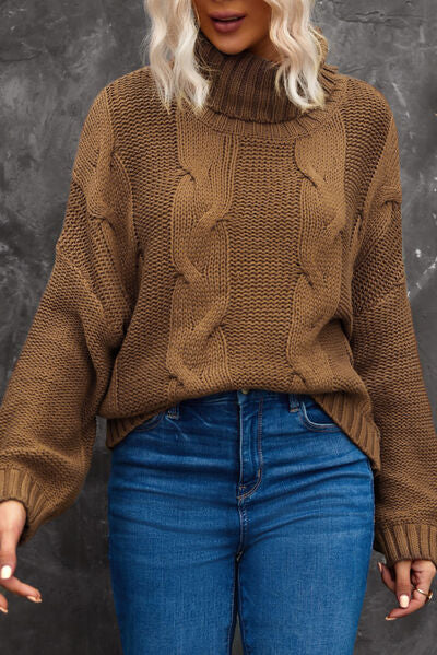 Cable-Knit Turtleneck Dropped Shoulder Sweater - Body By J'ne