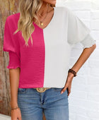 Contrast V-Neck Lantern Sleeve Blouse - Body By J'ne