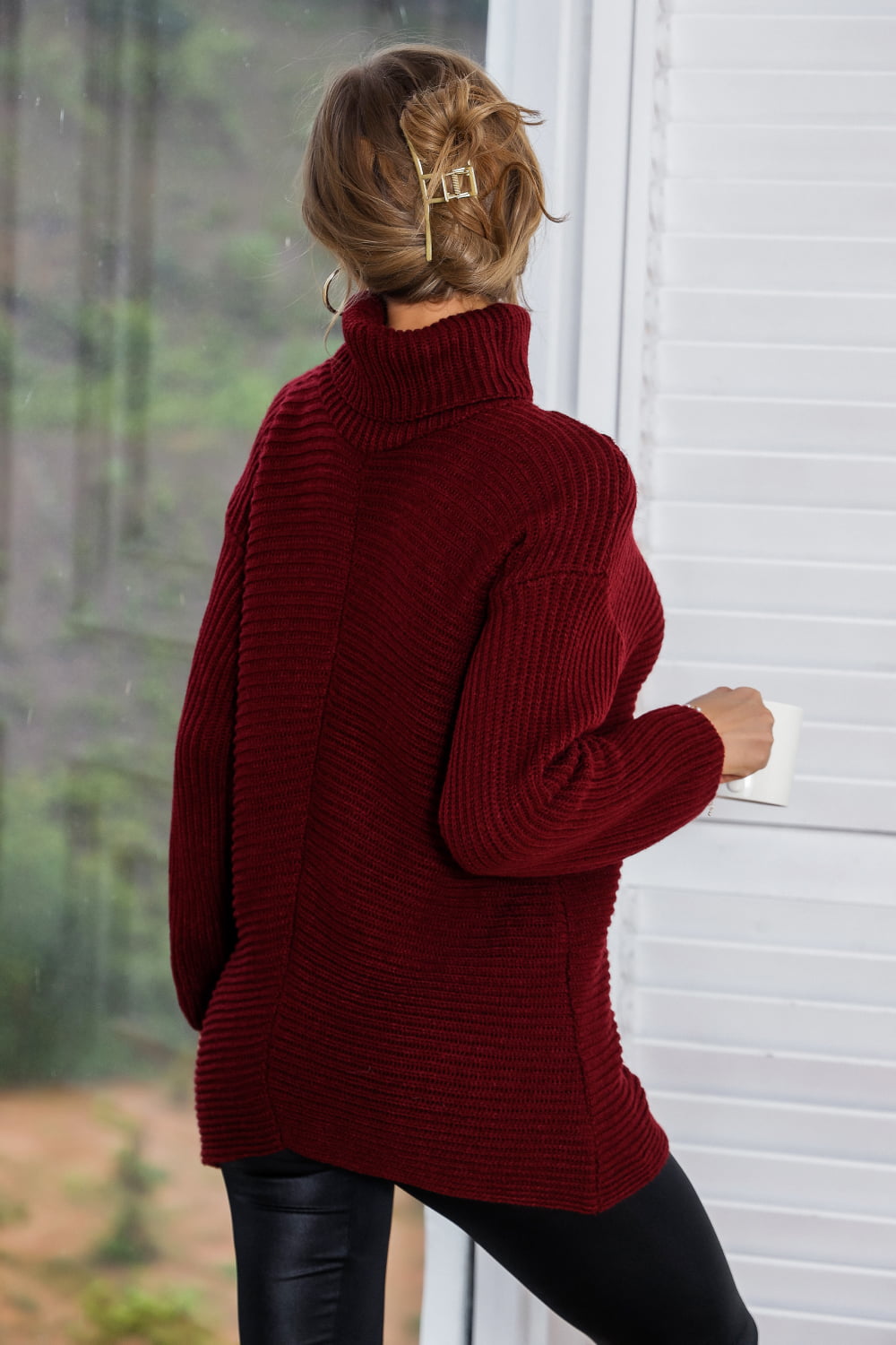 Horizontal Ribbing Turtleneck Tunic Sweater - Body By J'ne
