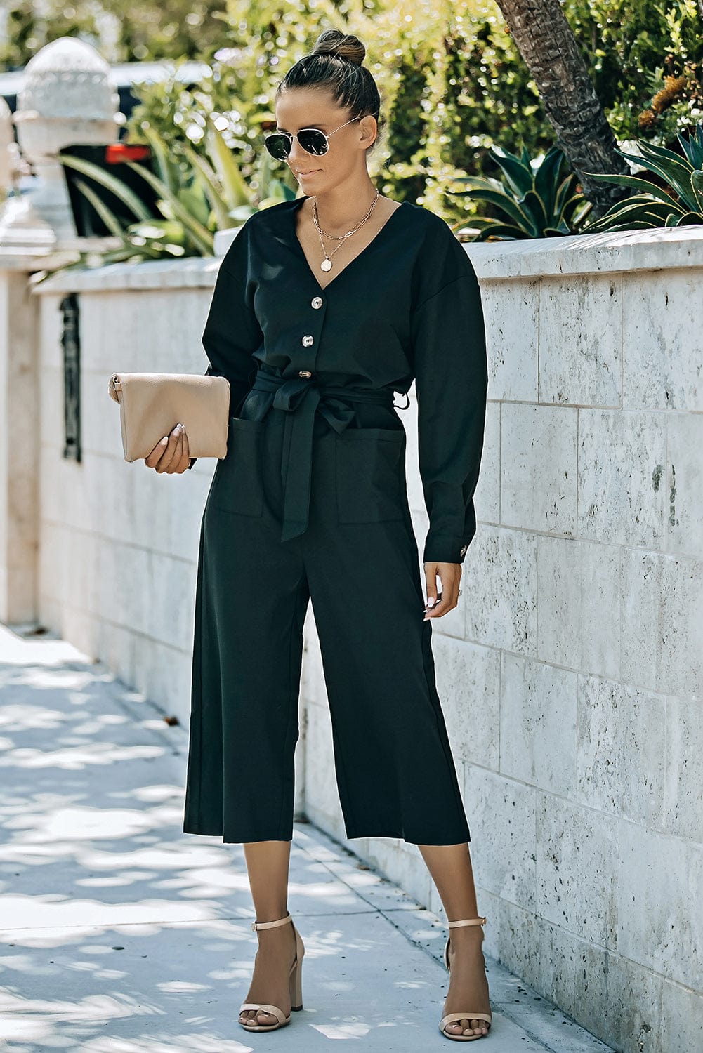 Belted Button Front Cropped Jumpsuit - Body By J'ne