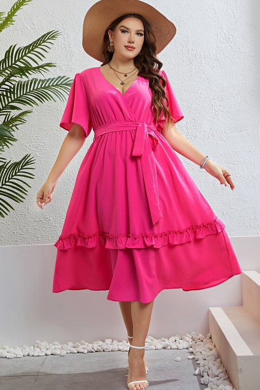 Belted Frill Trim Flutter Sleeve Dress - Body By J'ne