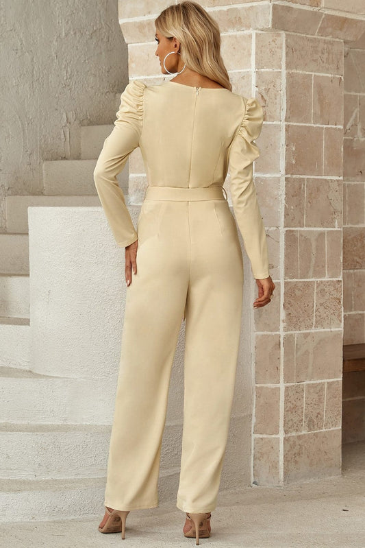 Belted Long Puff Sleeve V-Neck Jumpsuit - Body By J'ne