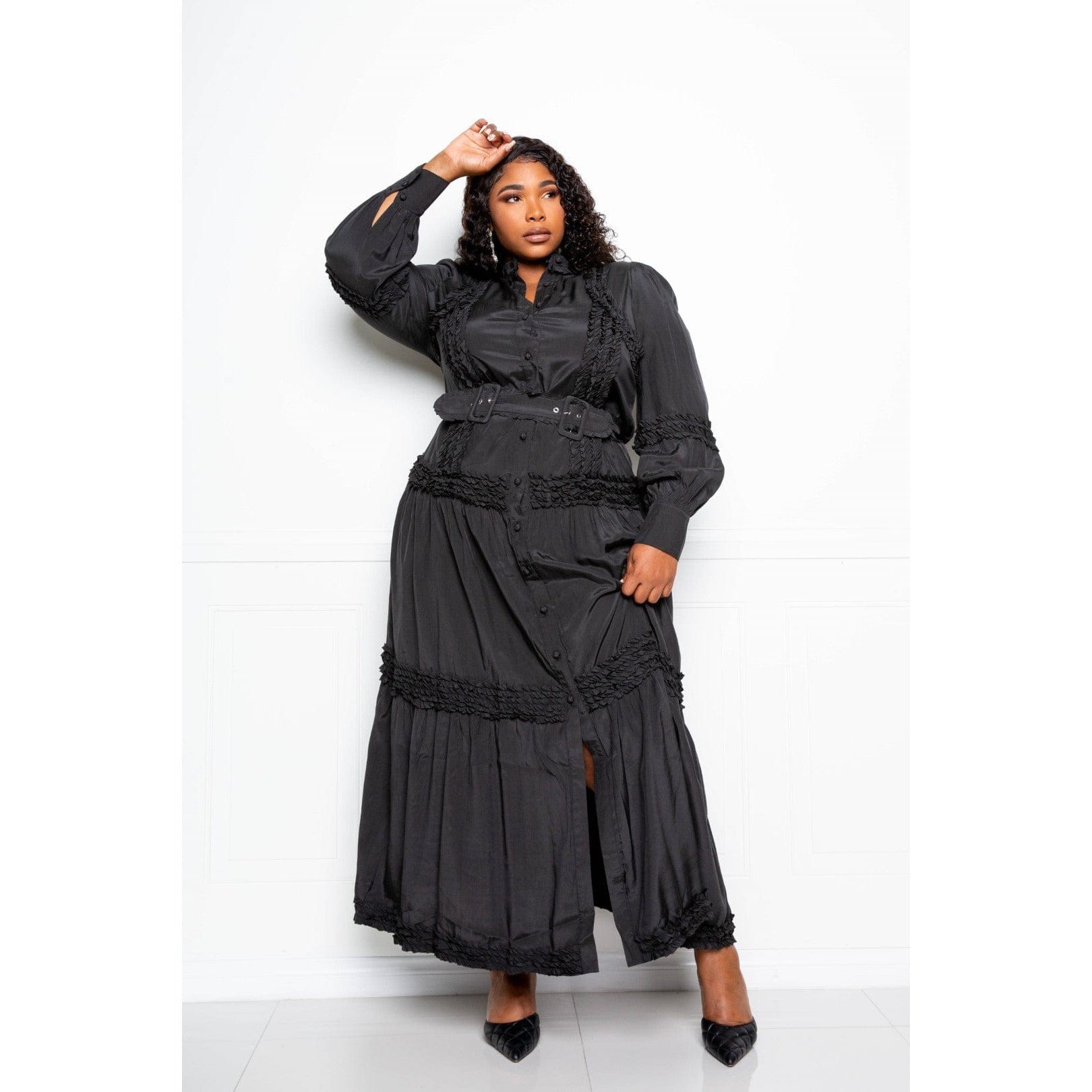 Belted Shirt Dress With Ruffle Detail - Body By J'ne