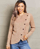 Double Take Ribbed Round Neck Buttoned Long Sleeve Tee - Body By J'ne