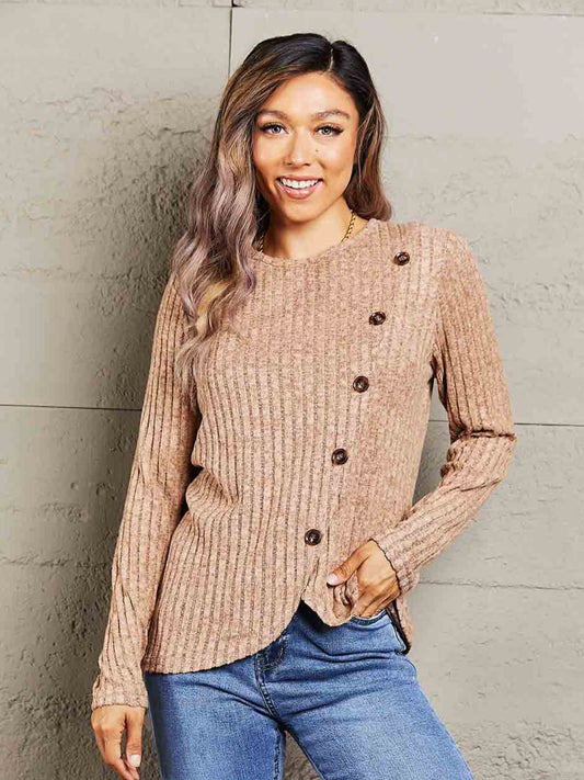 Double Take Ribbed Round Neck Buttoned Long Sleeve Tee - Body By J'ne