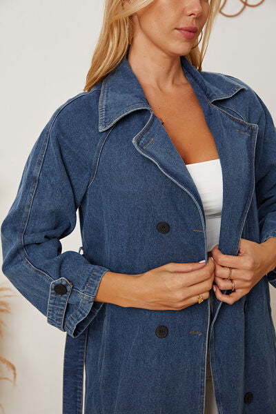 Double-Breasted Belted Longline Denim Jacket - Body By J'ne
