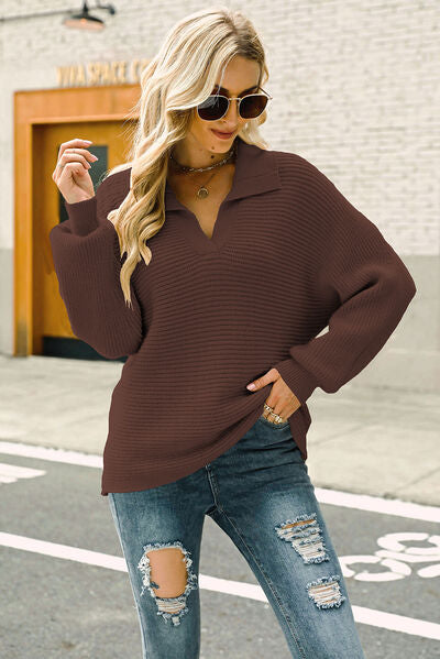 Ribbed Johnny Collar Pullover Sweater - Body By J'ne