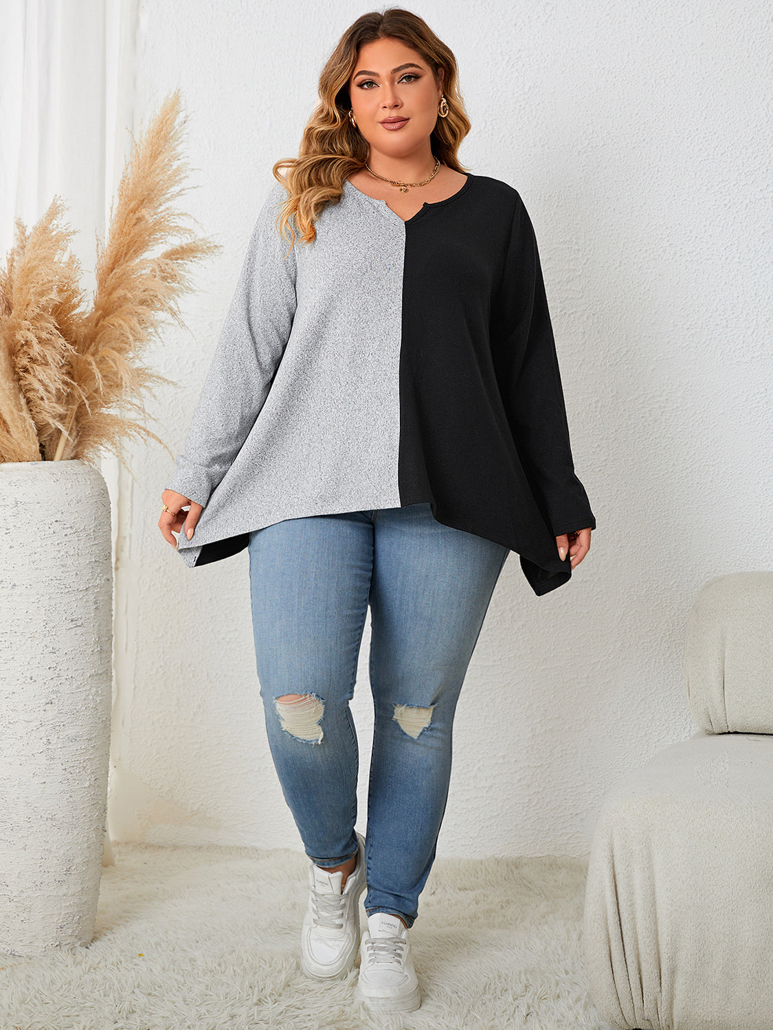 Plus Size Contrast Notched Neck T-Shirt - Body By J'ne