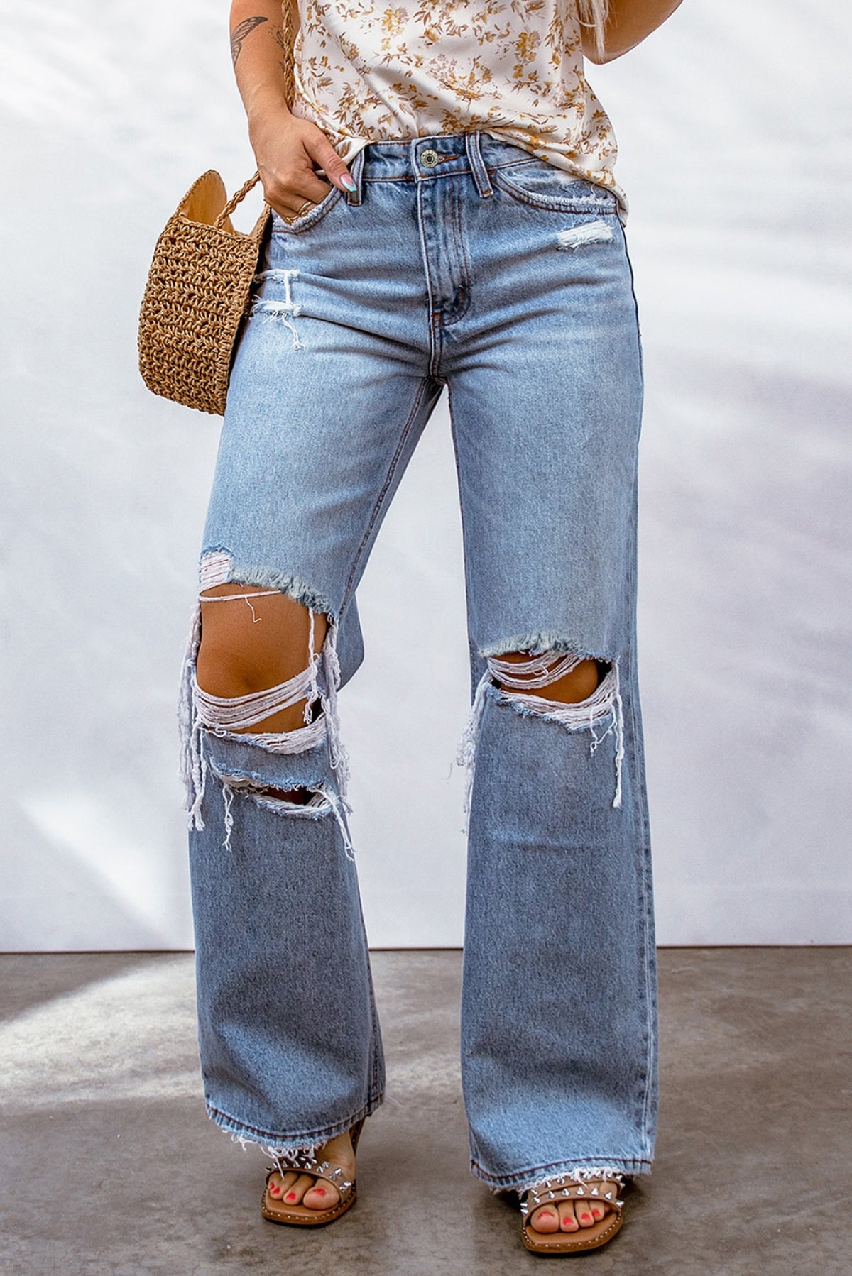 Sky Blue Destroyed Open Knee Wide Leg Jeans - Body By J'ne