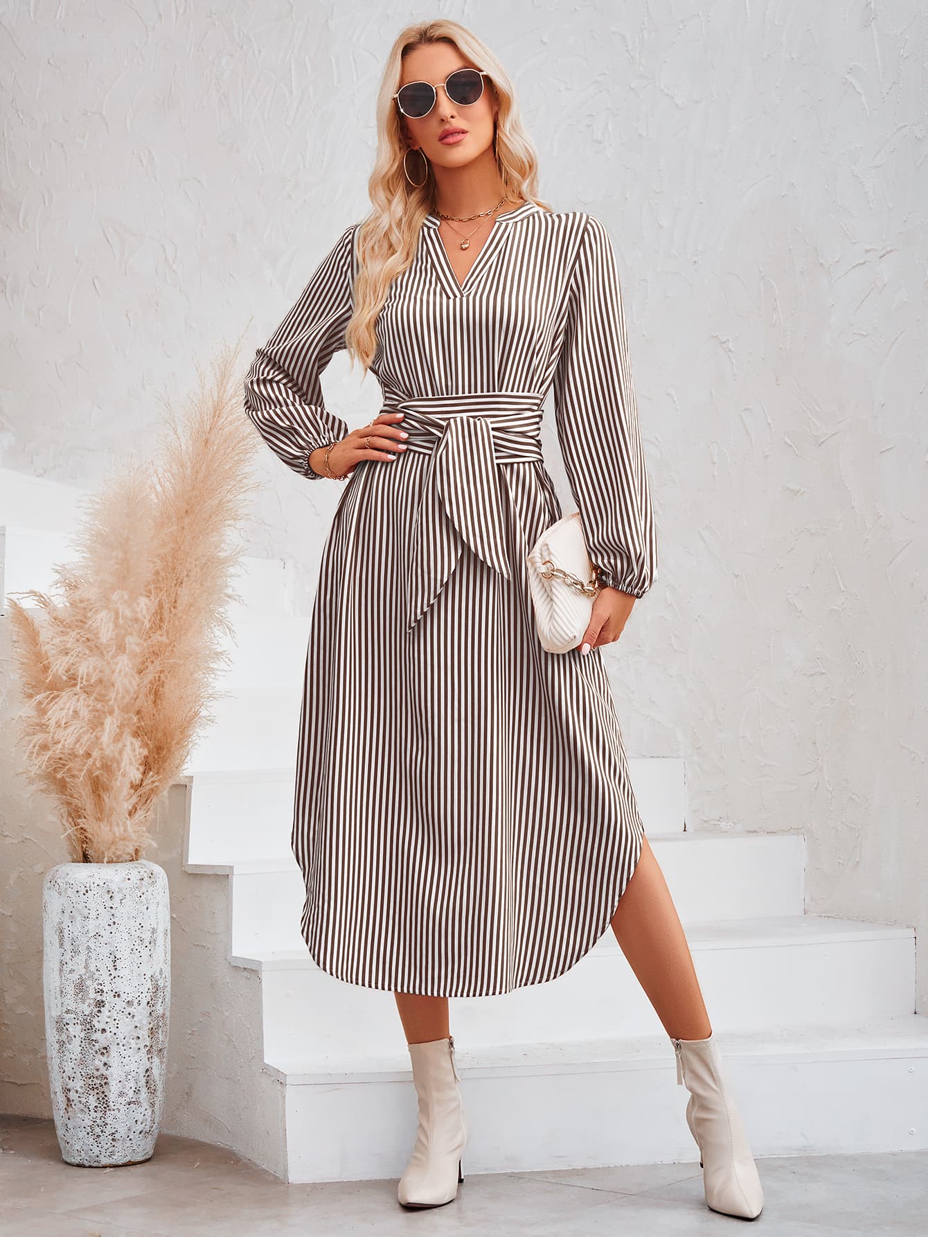 Striped Notched Neck Curved Hem Long Sleeve Dress - Body By J'ne